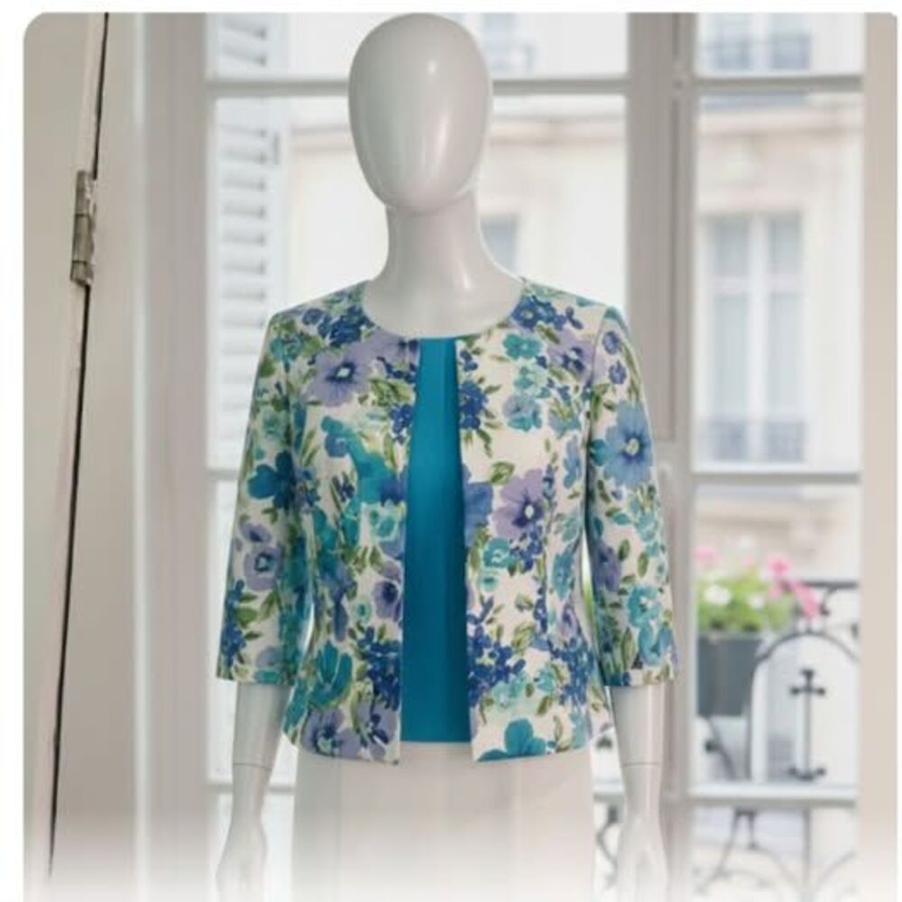 Dressbarn Floral Jacket  Blazer Open Front Medium Multicolor 3/4 sleeve Vintage